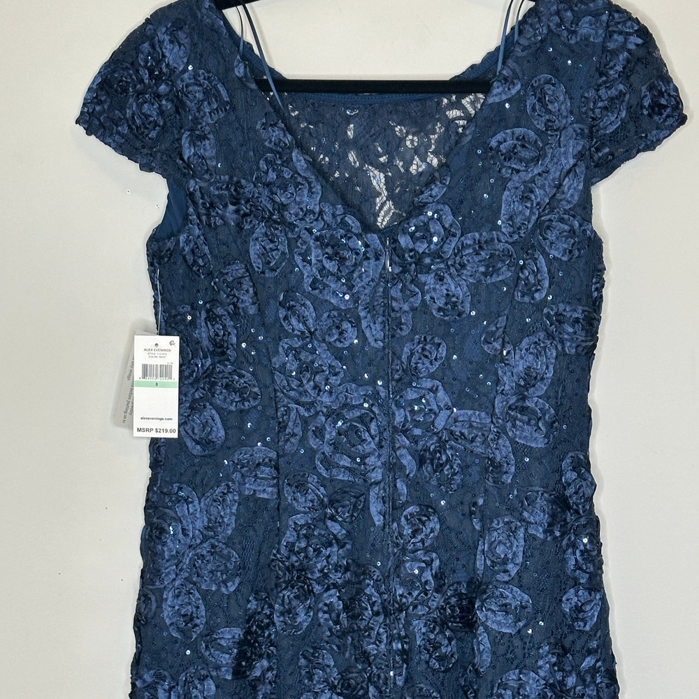 Alex Evenings Navy Blue Floral Lace Sequin Rosette Embellished Midi Dress Size 8 - Picture 11 of 16